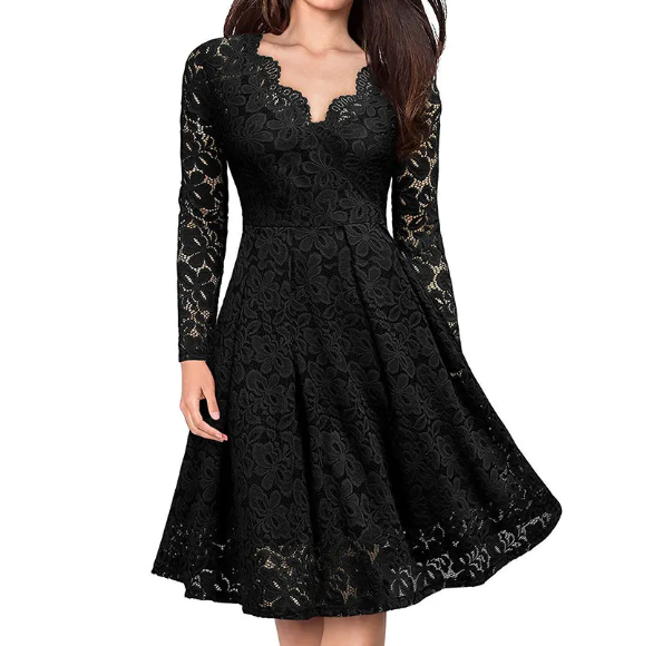 Women’s Elegant V-neck Lace with Lining Long Sleeve Party DRESS-B110