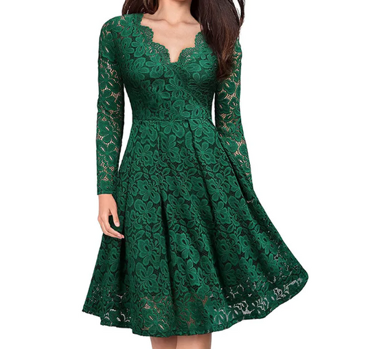 Women’s Elegant V-neck Lace with Lining Long Sleeve Party DRESS-B110