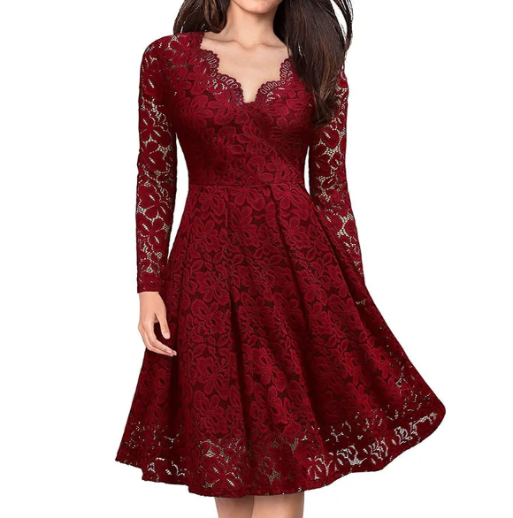 Women’s Elegant V-neck Lace with Lining Long Sleeve Party DRESS-B110