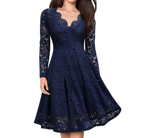 Women’s Elegant V-neck Lace with Lining Long Sleeve Party DRESS-B110
