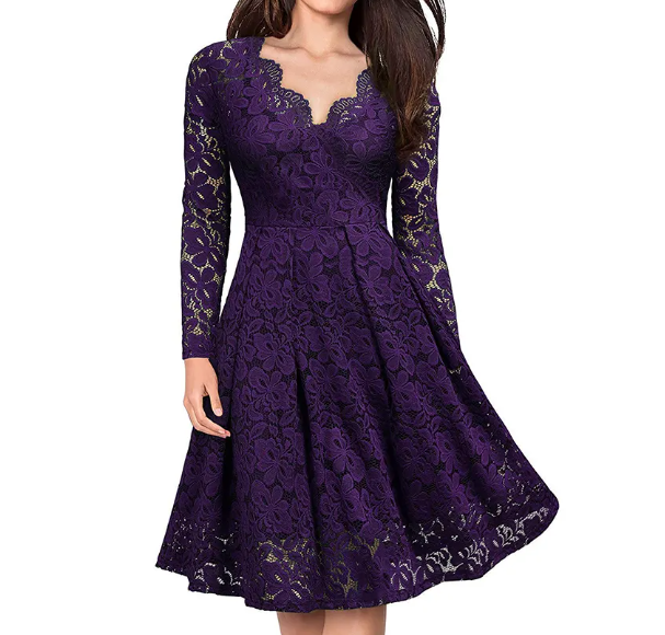 Women’s Elegant V-neck Lace with Lining Long Sleeve Party DRESS-B110