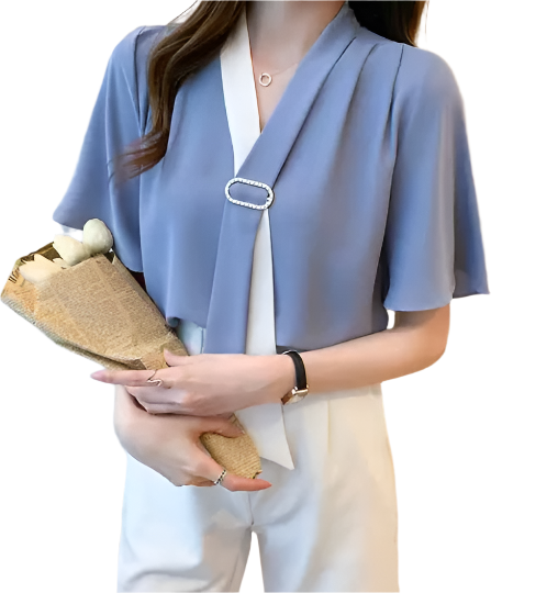 Women's Trendy & Elegant V-neck Short Sleeve Chiffon SHIRT-BL116