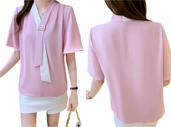 Women's Trendy & Elegant V-neck Short Sleeve Chiffon SHIRT-BL116