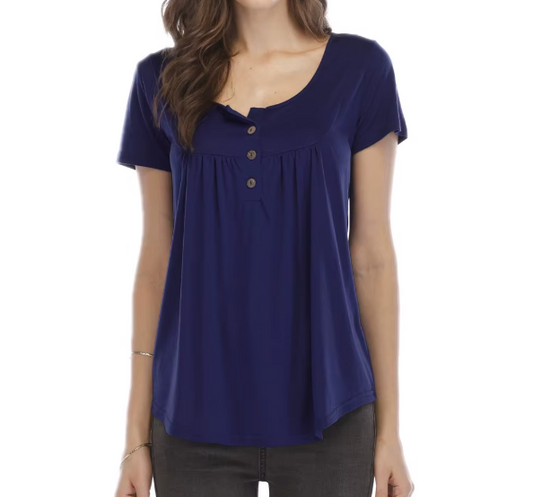 Women's High Quality Draw Pleat Button Short Sleeve Top SHIRT-BL139