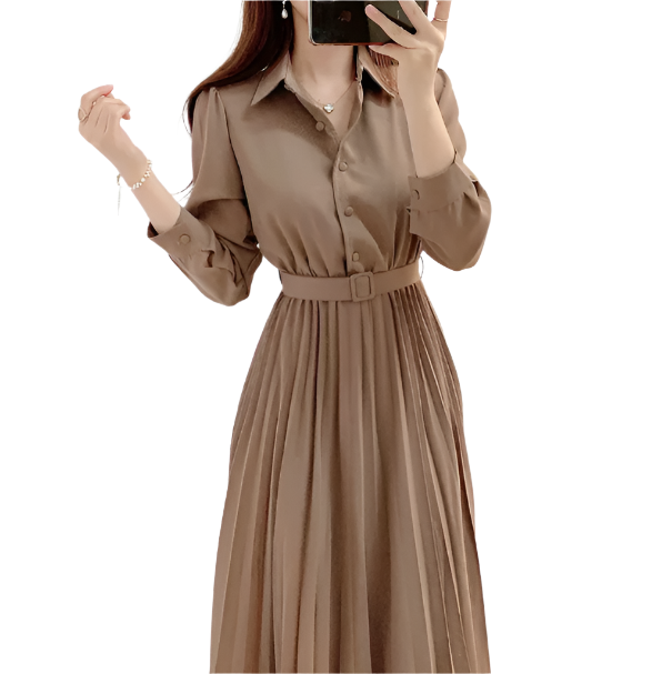 Trendy Lapel Collar Long Sleeve Knee Length DRESS-B106