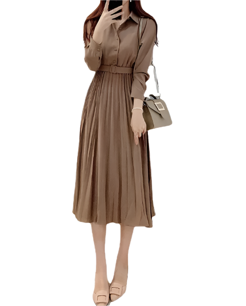 Trendy Lapel Collar Long Sleeve Knee Length DRESS-B106