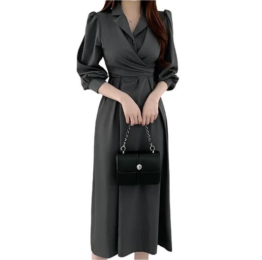 Elegant Lapel Collar Long Sleeve Mid Length DRESS-B101