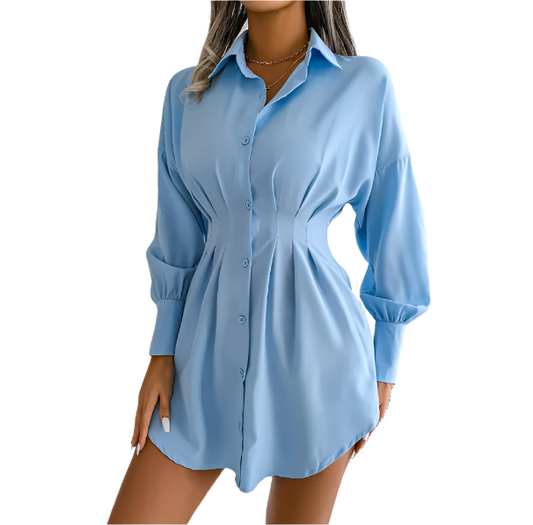 Trendy Long Sleeve Slim Waist Lapel Collar Long SHIRT-BL1001