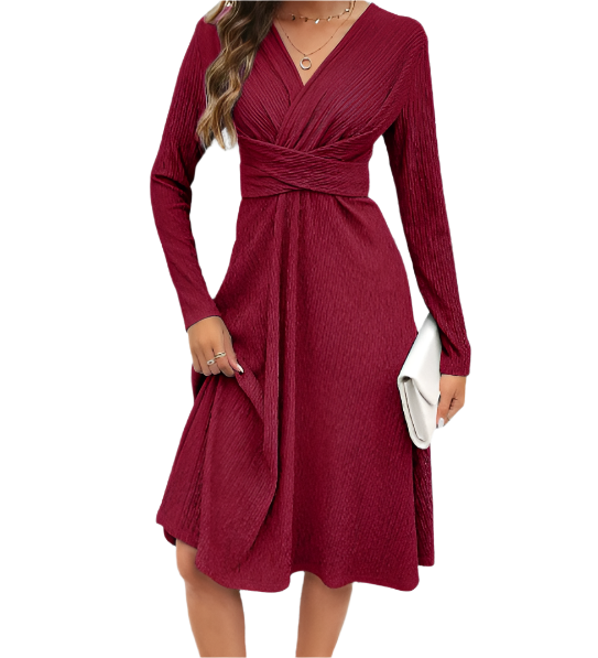 Women’s Long Sleeve V-neck Slim Waist line DRESS-B103