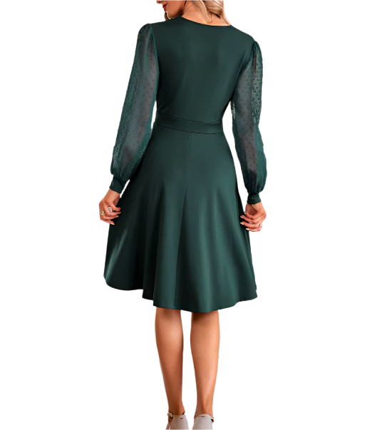 Classy Spring Mesh Puff Long Sleeve Pleated Cross V-neck DRESS-B107