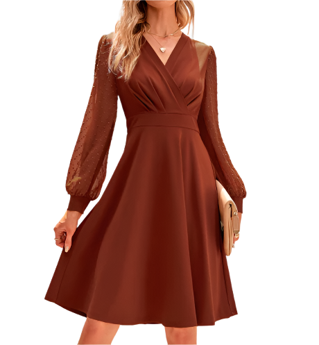Classy Spring Mesh Puff Long Sleeve Pleated Cross V-neck DRESS-B107