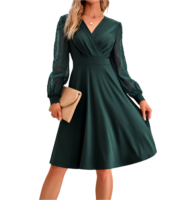 Classy Spring Mesh Puff Long Sleeve Pleated Cross V-neck DRESS-B107