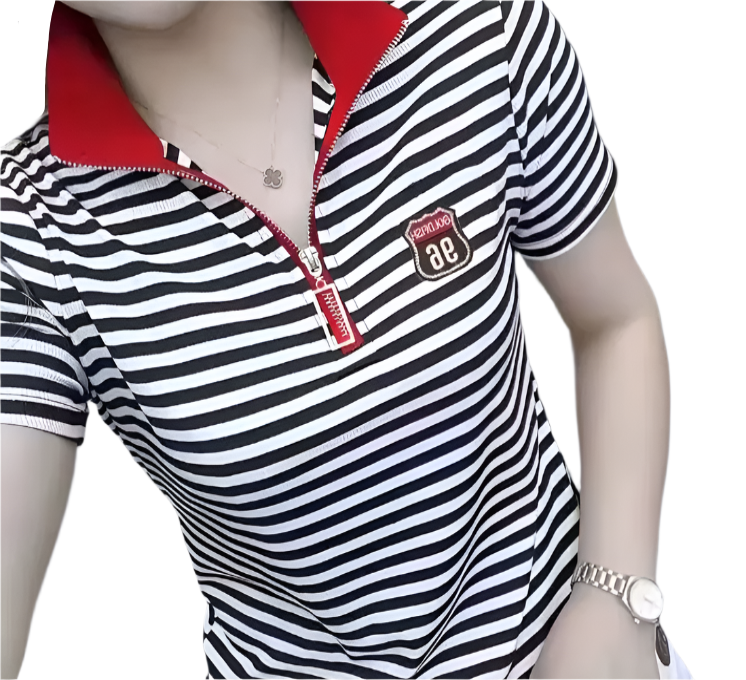 Women's Pullover Striped Stand Up Collar Zipped Neck  Front T-shirt  -  SM-9 - TOP -20