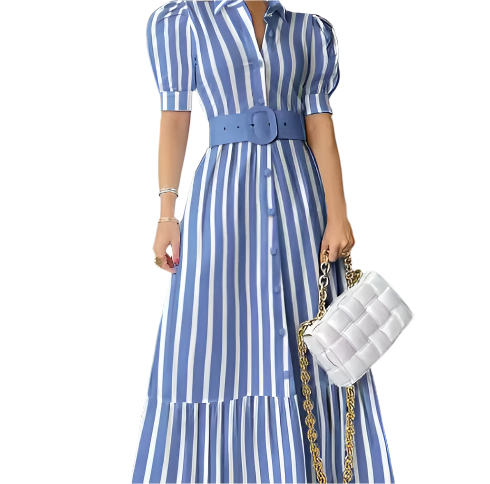 Trendy Short Sleeve Button Front with Waist Belt Long Summer DRESS-B115