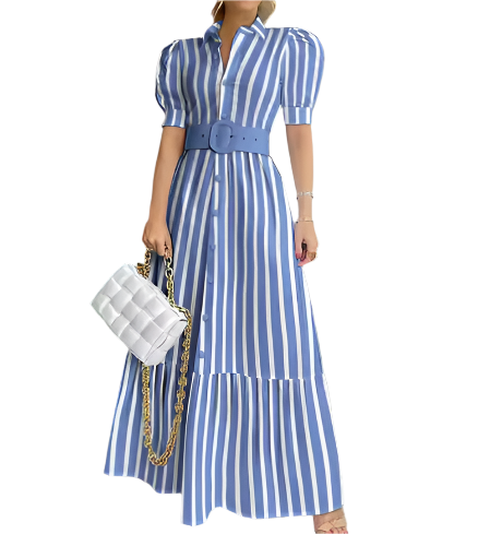 Trendy Short Sleeve Button Front with Waist Belt Long Summer DRESS-B115