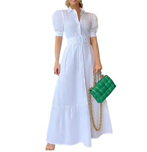 Trendy Short Sleeve Button Front with Waist Belt Long Summer DRESS-B115