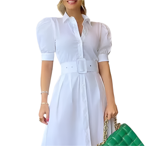 Trendy Short Sleeve Button Front with Waist Belt Long Summer DRESS-B115