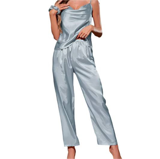 Luxury Soft Ice Silk Sleepwear Set Spaghetti Strip Top Wide Leg Pants PAJAMAS-PJS-08