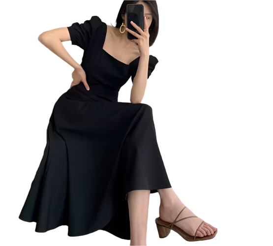 Elegant Square-Neck-line Short Sleeve DRESS-B111