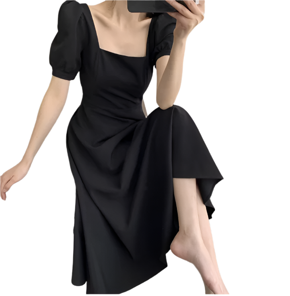 Elegant Square-Neck-line Short Sleeve DRESS-B111