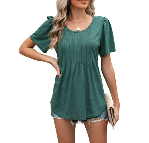 Women's Summer Round Neck Pleated Front Breathable Top SHIRT-BL112