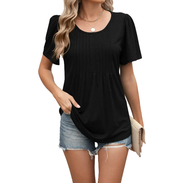 Women's Summer Round Neck Pleated Front Breathable Top SHIRT-BL112