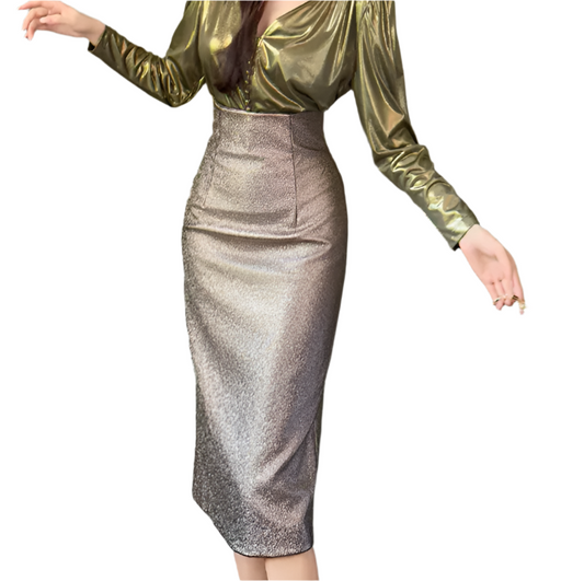 Women's Trendy & Timeless Elegant Metallic Sequin PU Slit Wrap Hip Skirt - B4-SKT-21