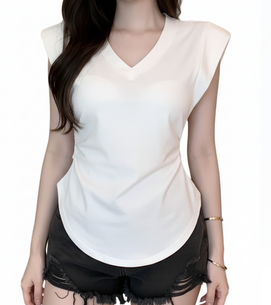Casual V-neck Slim Waist Short Sleeve Women's T-shirt - B6-TOP-B655
