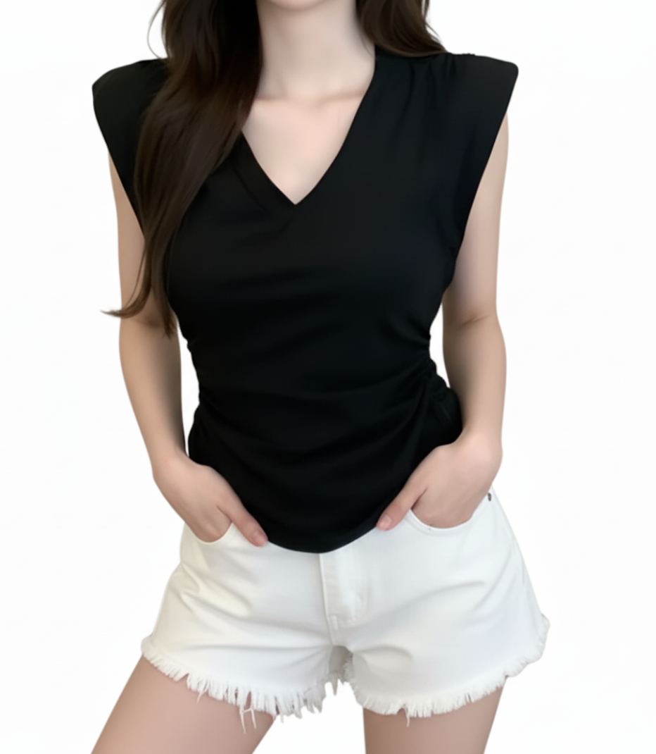 Casual V-neck Slim Waist Short Sleeve Women's T-shirt - B6-TOP-B655