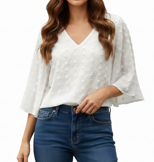 Chiffon V-neck self-embroidered dots Fabric with Half Short Flare Sleeve Blouse for Women- BL4