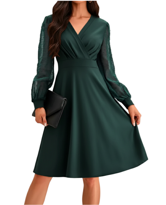 Classy Spring Mesh Puff Long Sleeve Pleated Cross V-neck DRESS-B107