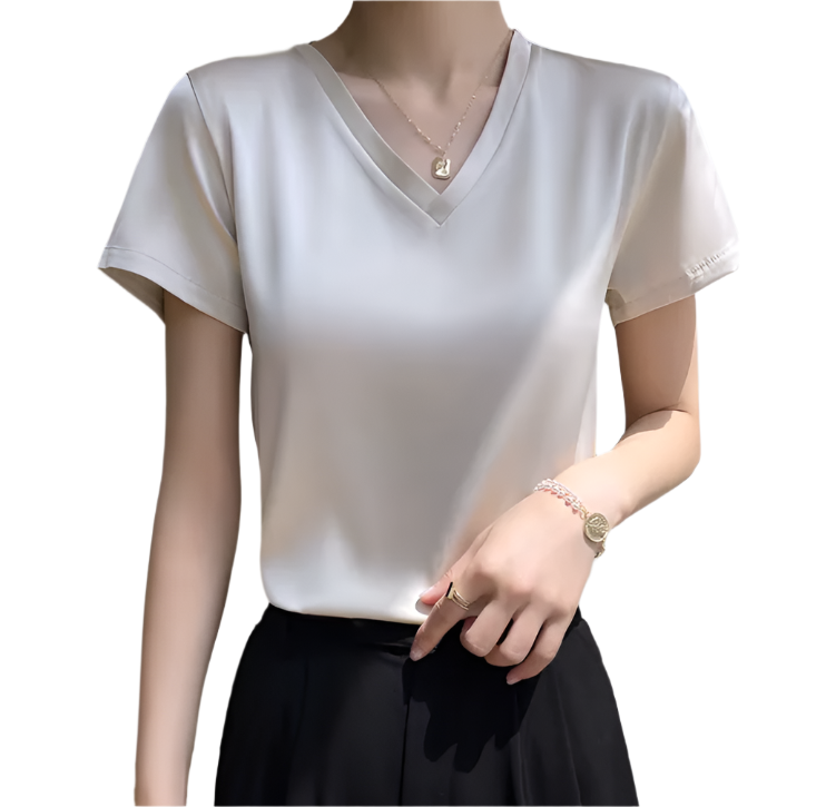 Classy & Timeless Silk V-neck Solid Color Short Sleeved Women's T-shirt Blouse - B6-TOP-B616