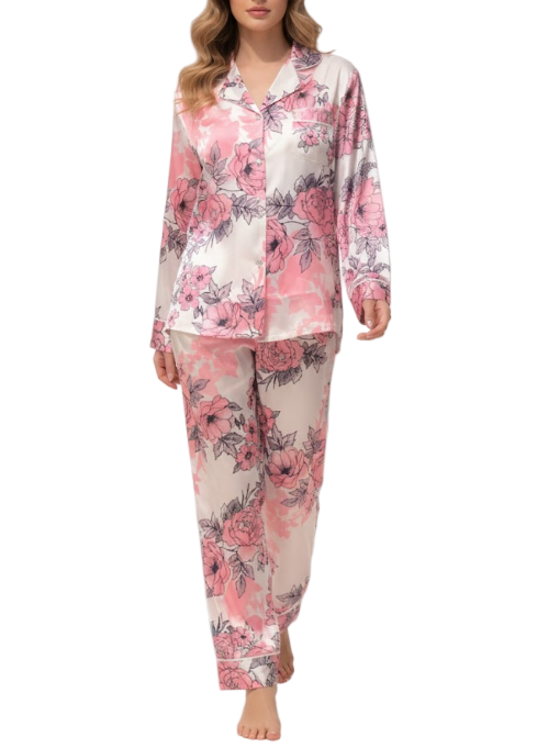 Comfortable Floral Soft Satin-Silk Long Sleeve Pajama Set for Women -B16-PJ-28