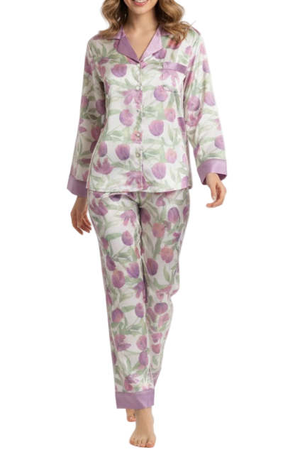 Comfortable Floral Soft Satin-Silk Long Sleeve Pajama Set for Women -B16-PJ-28