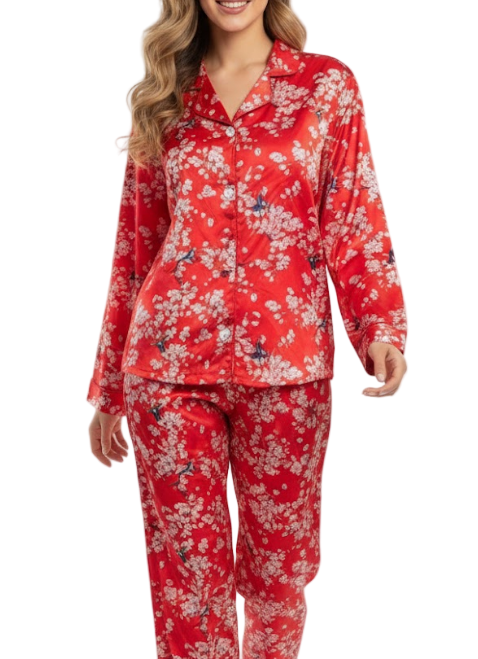 Comfortable Floral Soft Satin-Silk Long Sleeve Pajama Set for Women -B16-PJ-28
