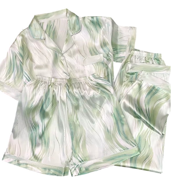 Comfortable Soft Satin-Silk Short Sleeve Three Piece Pajama Set for Women -B16-PJ-05
