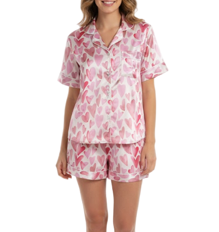 Comfortable Soft Satin-Silk Short Sleeve Three Piece Pajama Set for Women -B16-PJ-06