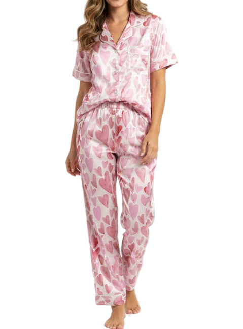 Comfortable Soft Satin-Silk Short Sleeve Three Piece Pajama Set for Women -B16-PJ-06
