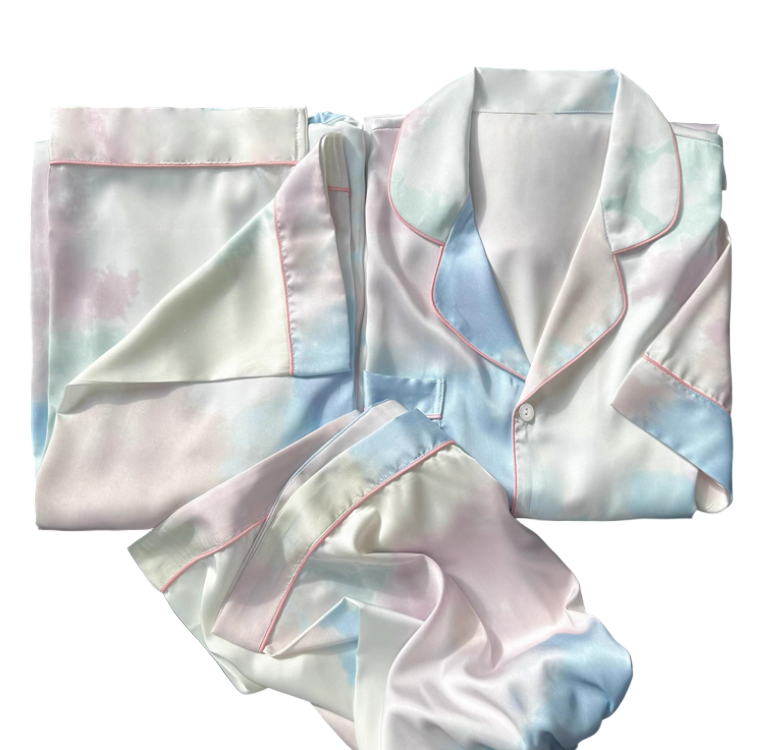 Comfortable Soft Satin-Silk Short Sleeve Three Piece Pajama Set for Women -B16-PJ-07