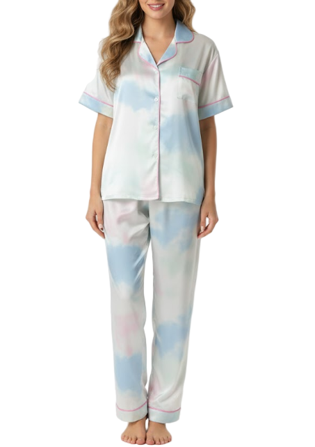 Comfortable Soft Satin-Silk Short Sleeve Three Piece Pajama Set for Women -B16-PJ-07
