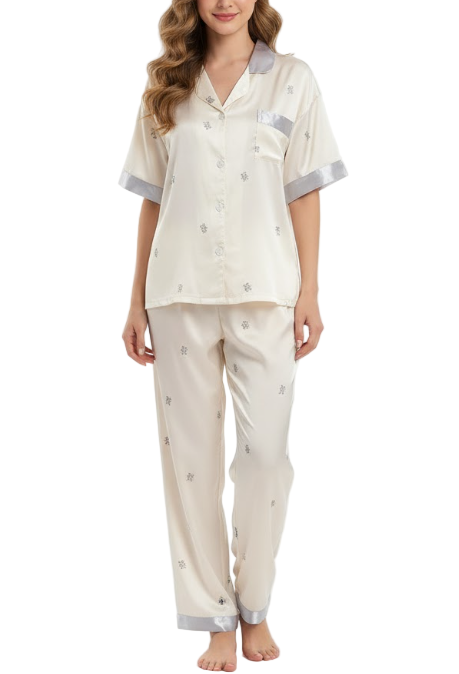 Comfortable Soft Satin-Silk Short Sleeve 3PCS Pajama Set for Women -B16-PJ-09