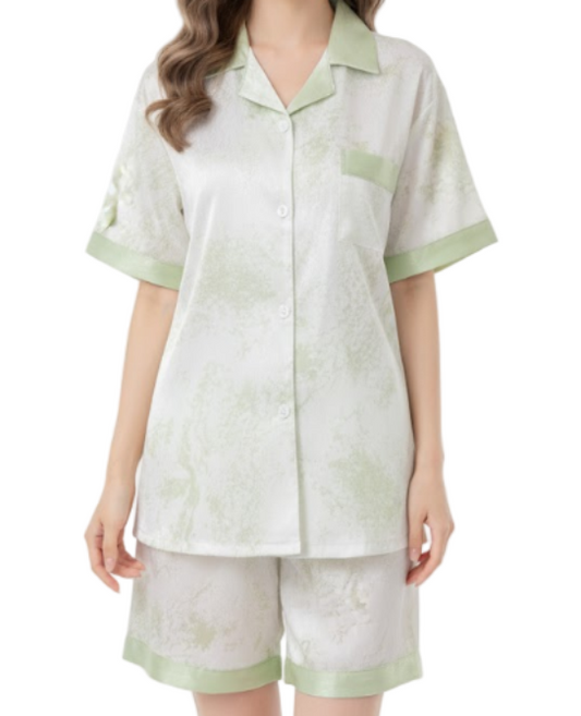 Comfortable Soft Satin-Silk Short Sleeve Three Piece Pajama Set for Women -B16-PJ-13