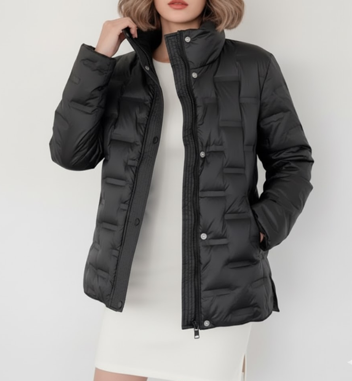 Down Quilted Stand Collar Warm Lightweight Parka Side Slits Short Jacket for Women - B12-JKT-20
