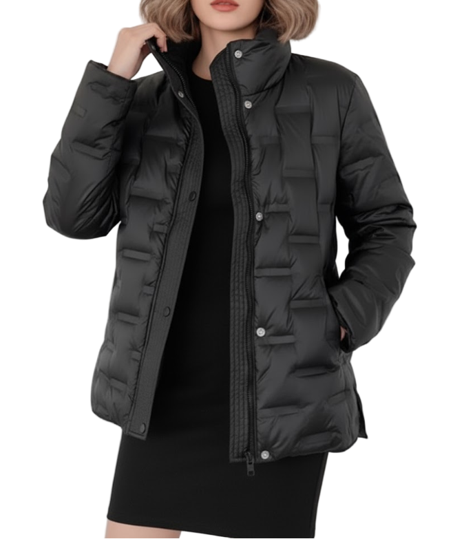 Down Quilted Stand Collar Warm Lightweight Parka Side Slits Short Jacket for Women - B12-JKT-20