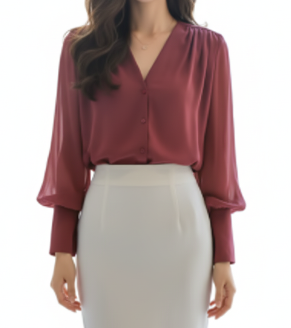 Elegant Chiffon Long Sleeve V-neck Collar Shirt for Women – BL21