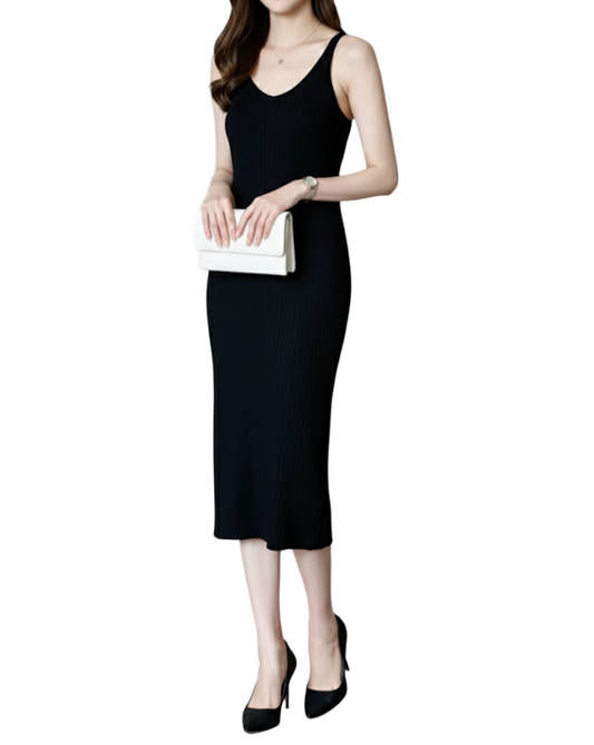 Elegant Knitted V-neck Sleeveless Dress for Women – DRESS-B55