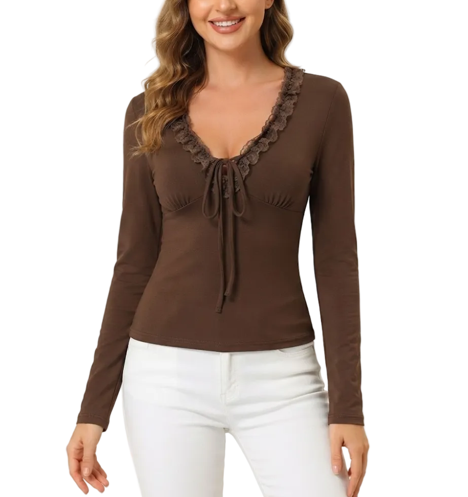Elegant Long Sleeve Lace Ruffled V-neck Blouses for Women - BP-B20 -TOP-101