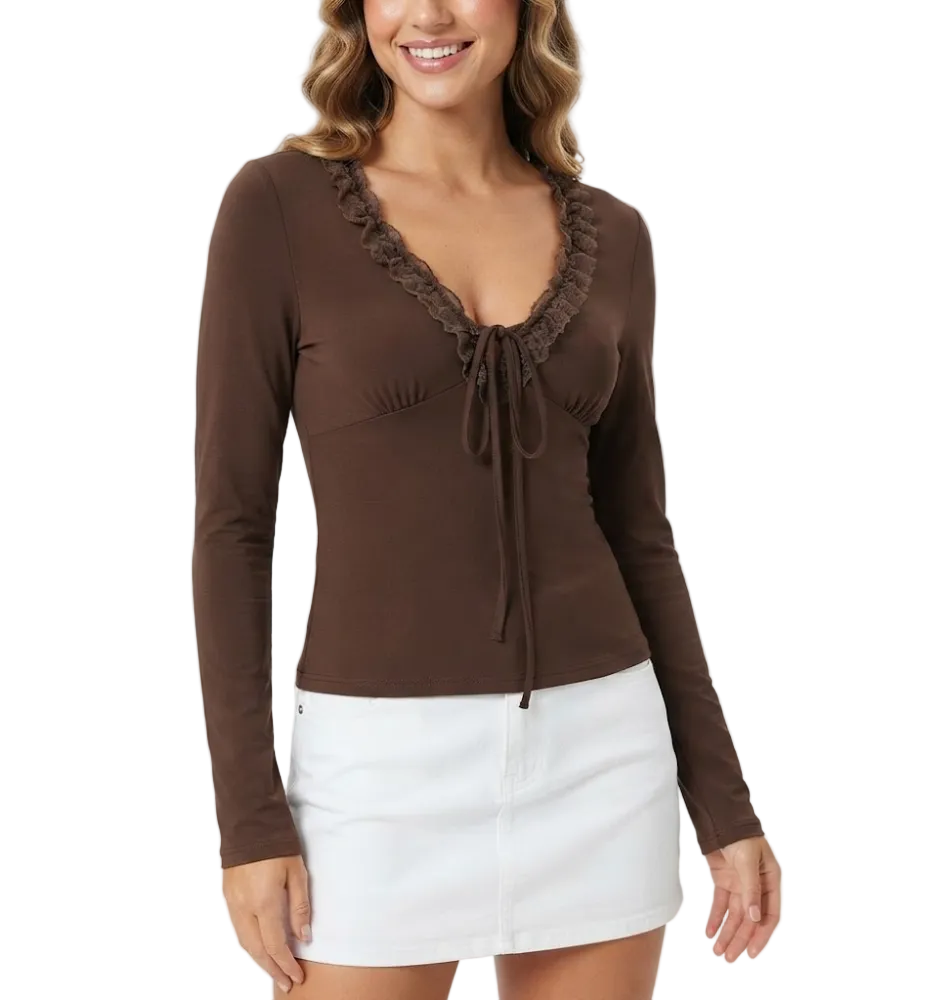 Elegant Long Sleeve Lace Ruffled V-neck Blouses for Women - BP-B20 -TOP-101