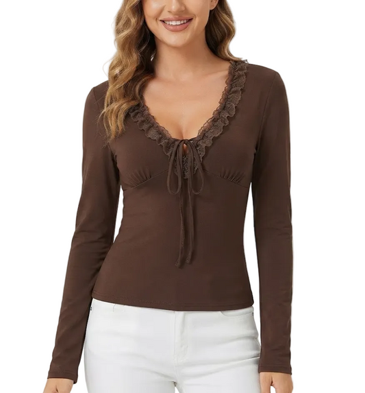 Elegant Long Sleeve Lace Ruffled V-neck Blouses for Women - BP-B20 -TOP-101