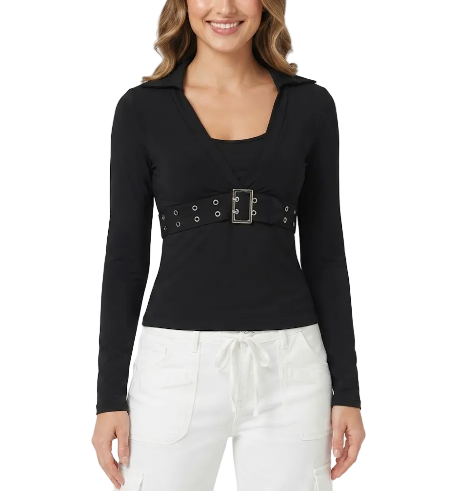 Elegant Long Sleeve V-neck Chest Belt DesignTops for Women - BP-B20 -TOP-93